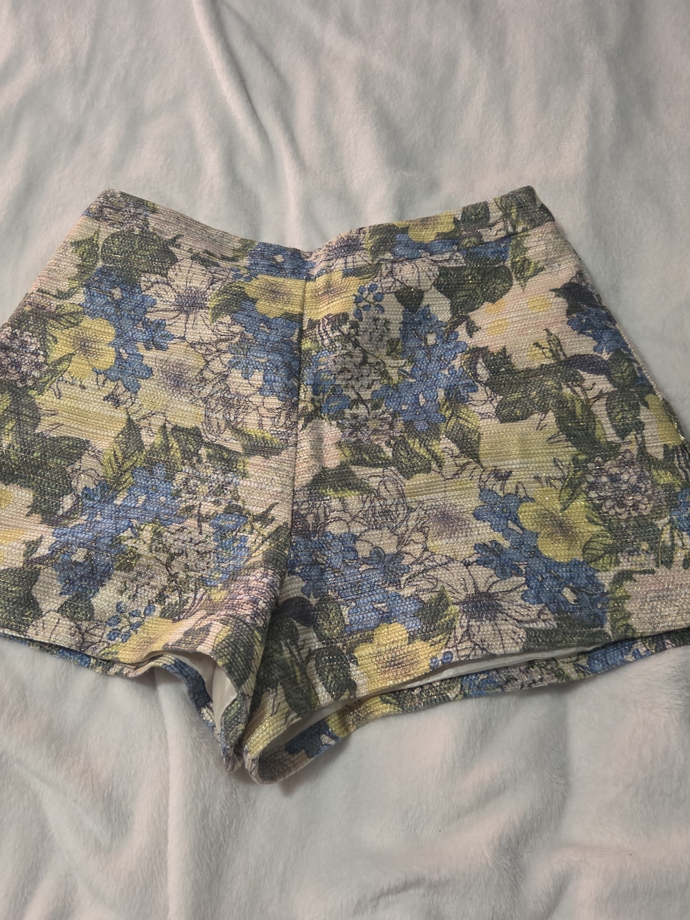 Mustard Seed Floral High-Waist Shorts — Blue, Yellow & Green